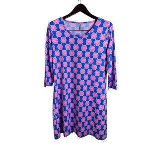 Lulu B Travel Shift Dress Size L 3/4 Sleeve Pink Blue Print Stretch Vacation